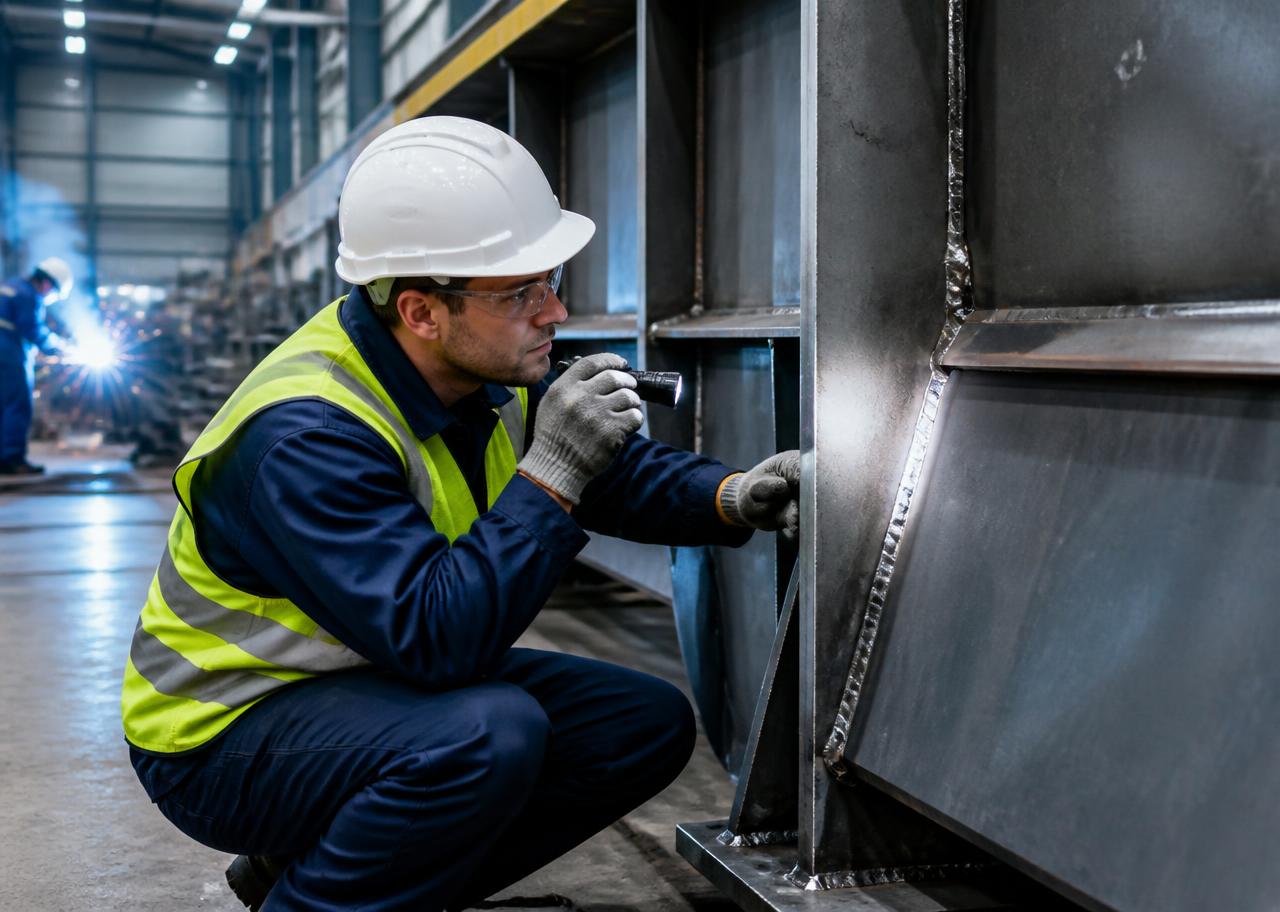 Industrial inspector reviewing welding quality on a fabrication site